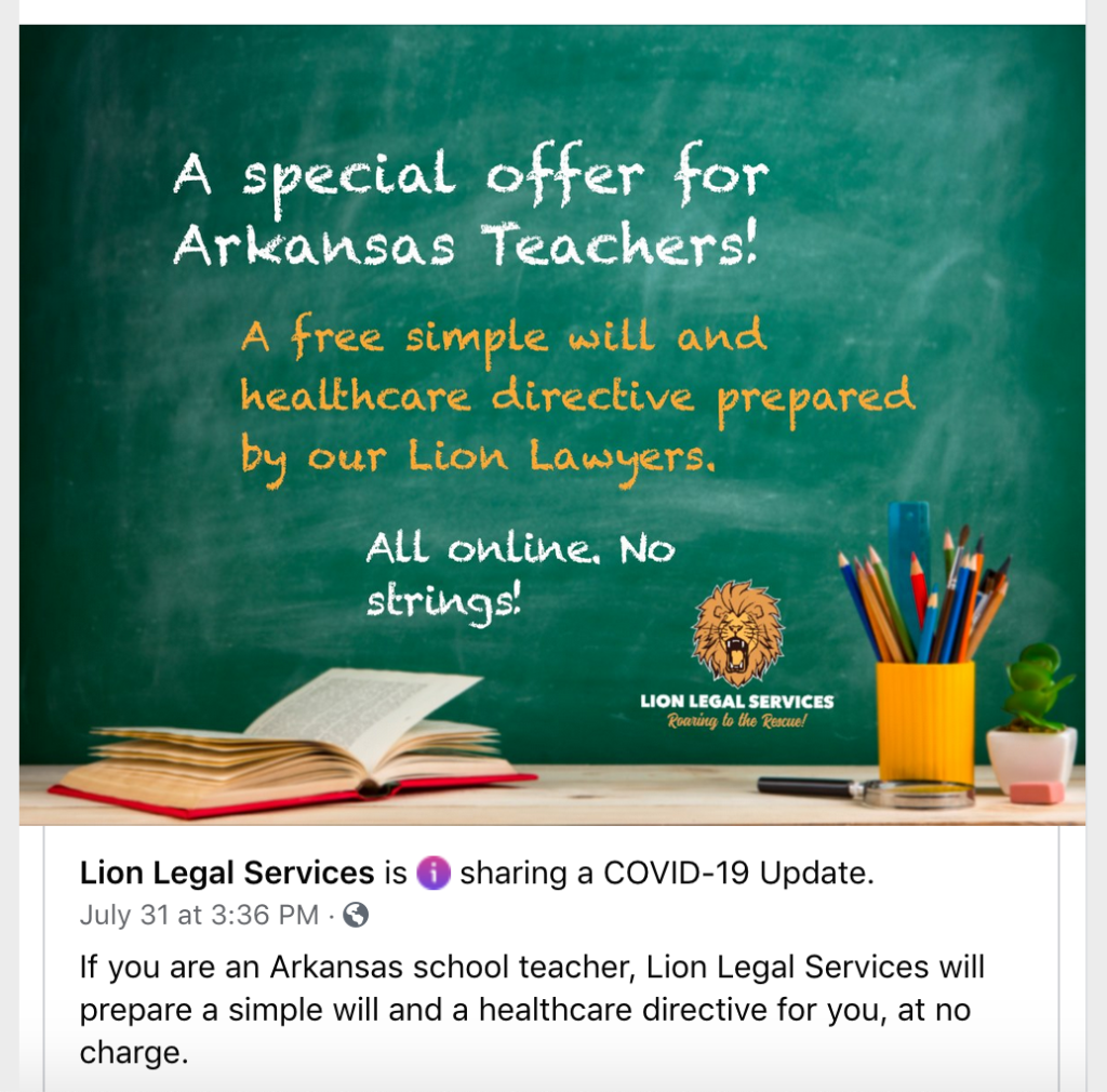 An ad offering free wills for teachers during the COVID pandemic