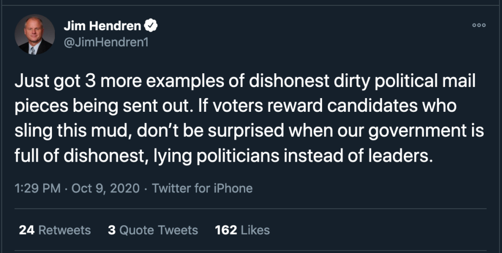 A tweet from Republican state Sen. Jim Hendren criticizes political mailers.
