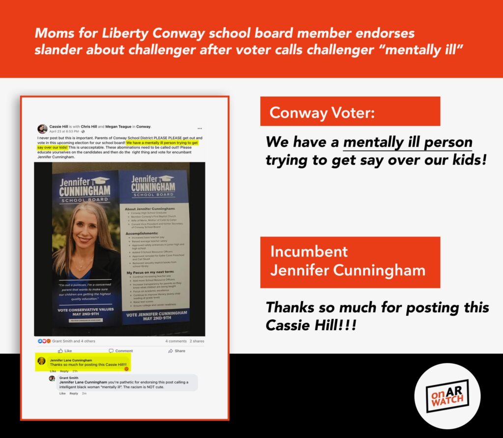 Jennifer Cunningham, Conway School Vice President, thanks someone for calling her opponent a "mentally ill person"